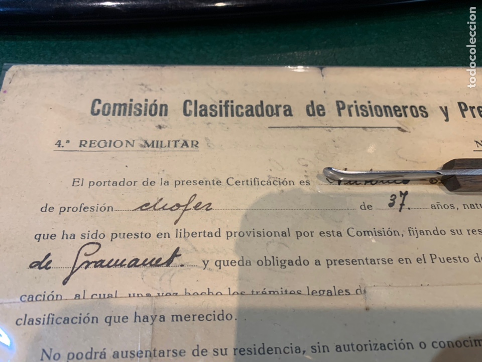 Militaria: Documento Comisi&oacute;n Clasificadora de Prisioneros y Presentados - Foto 2