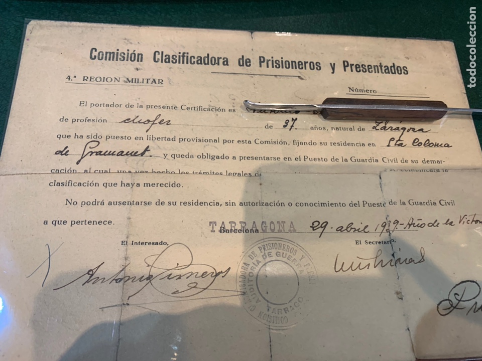 Militaria: Documento Comisi&oacute;n Clasificadora de Prisioneros y Presentados - Foto 1