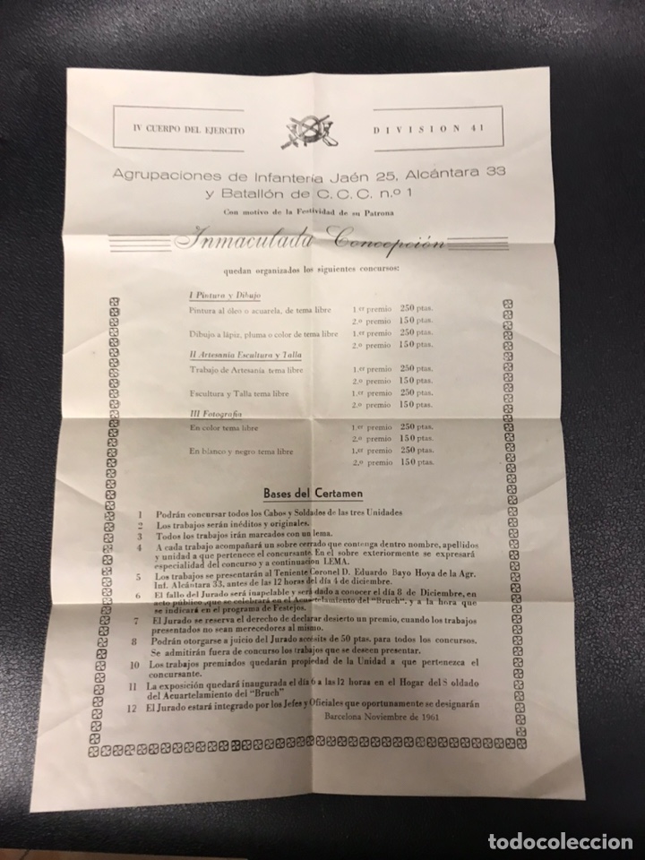 Militaria: Documento Regimiento de infanteria Jaen 25 INMACULADA CONCEPCION CONCURSO PINTURA FOTOGRAFIA