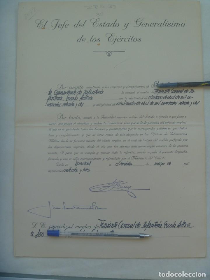 Militaria: ASCENSO A TENIENTE CORONEL DE COMANDANTE INFANTERIA. 1973. FIRMA DE FRANCO DE TAMPON. VALENCIA