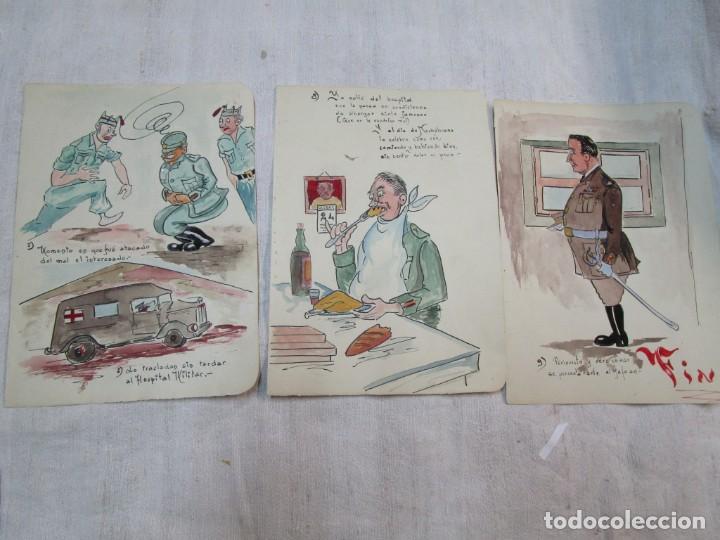 Militaria: DURANTE GUERRA CIVIL ?? - 3 CARTULINAS CON DIBUJOS ACUARELA EN 5 CARAS SOBRE MILITARES SATIRA + INFO