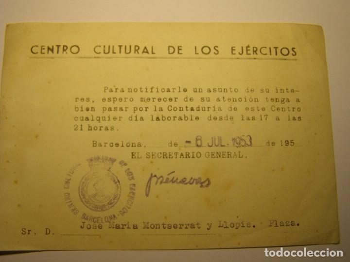 Militaria: Documento militar Centro cultural de los Ej&eacute;rcitos, Barcelona, sello corona republicana, a&ntilde;o 1953.