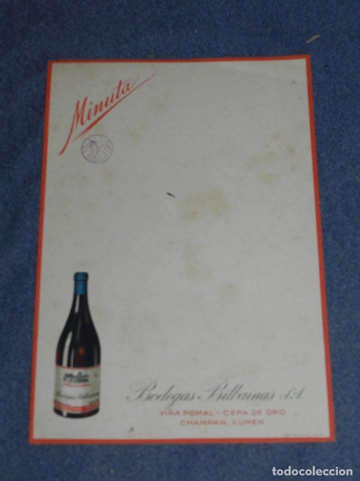 Militaria: (ALB2) MEN&Uacute; MINUTA BODEGAS BILBAINAS SA, CHAMPAN LUMEN, TAMP&Oacute;N CNT - AIT, GUERRA CIVIL