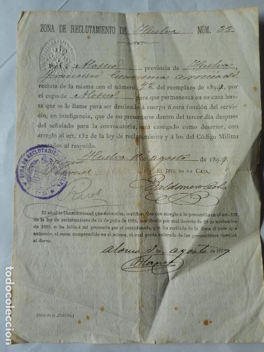 Militaria: ANTIGUO CERTIFICADO.ZONA RECLUTAMIENTO HUELVA N&ordm; 2.FRANCISCO CUARESMA ARRECIADO.ALOSNO.HUELVA 1899.