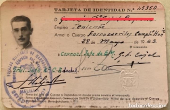 Military Antiques: FUERZAS MILITARES DE MARRUECOS - MELILLA - TARJETA DE IDENTIDAD - TENIENTE FERROCARRILES - A&Ntilde;O 1943