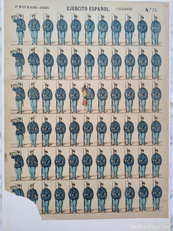 Military Antiques: N&uacute;mero 74 de Paluzi&eacute;: EJERCITO ESPA&Ntilde;OL, Cazadores. L&agrave;mina de hace m&agrave;s de cien a&ntilde;os a la que falta un
