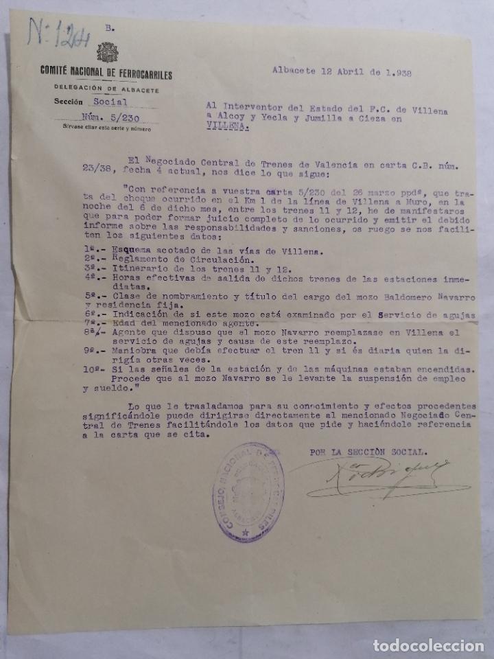 Militaria: COMITE NACIONAL DE FERROCARRILES, DELEGACION ALBACETE, EXP N&ordm; 5/230, ABRIL 1938