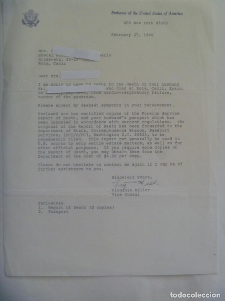 Militaria: CARTA DE LA EMBAJADA ESTADOS UNIDOS A VIUDA DE MILITAR NORTEAMERICANO MUERTO EN ROTA ( CADIZ ) 1990
