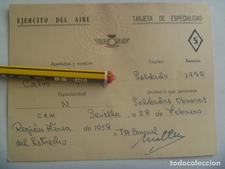 Militaria: AVIACION - REGION AEREA DEL ESTRECHO : TARJETA ESPECIALIDAD DE SOLDADO OBRERO. SEVILLA, 1958
