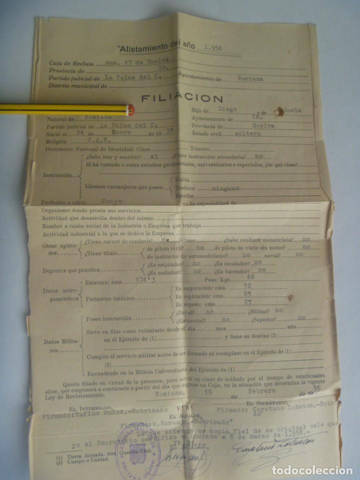 Militaria: HOJA DE FILIACION DE MILITAR DE ROCIANA ( HUELVA ), ALISTAMIENTO 1956 . AYUNTAMIENTO DE ROCIANA