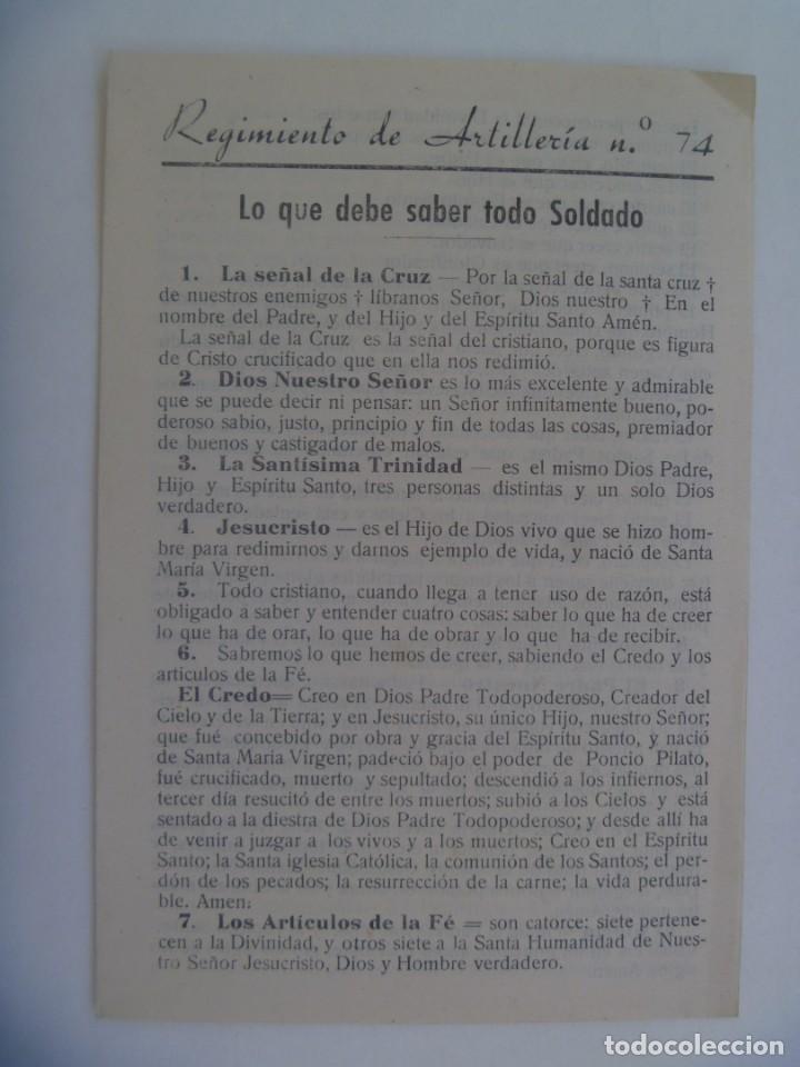 Militaria: REGIMIENTO ARTILLERIA N&ordm; 74: PASQUIN RELIGIOSO . LO QUE DEBE SABER TODO SOLDADO. A&Ntilde;OS 40
