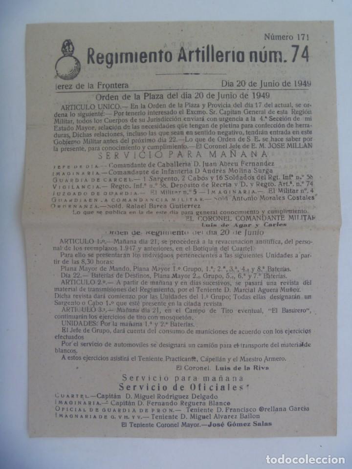 Militaria: REGIMIENTO ARTILLERIA N&ordm; 74: ORDEN DEL DIA 20 DE JUNIO DE 1949. JEREZ DE LA FRONTERA