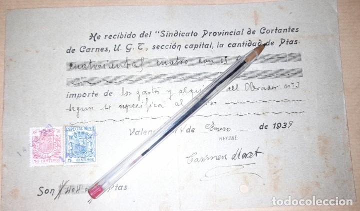 Militaria: Recibo sindicato cortantes de carne UGT Valencia guerra civil enero 1939