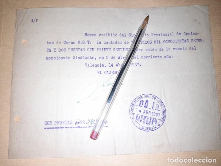Militaria: Recibo consejer&iacute;a de abastecimientos de Valencia del sindicato de cortantes carne UGT guerra civil