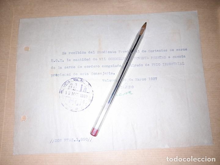 Militaria: Recibo consejer&iacute;a de abastecimientos de Valencia del sindicato de cortantes carne UGT guerra civil