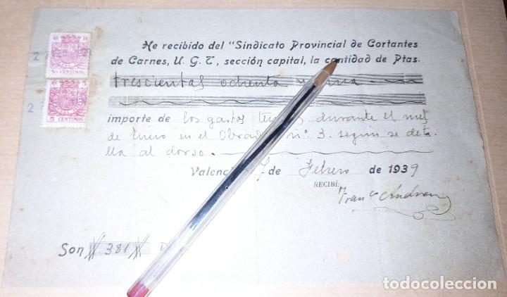 Militaria: Recibo sindicato cortantes de carne UGT Valencia guerra civil febrero 1939