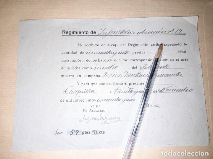 Militaria: Recibo por paga de un soldado muerto durante la guerra civil 1941 Regimiento Infanter&iacute;a Arag&oacute;n 17