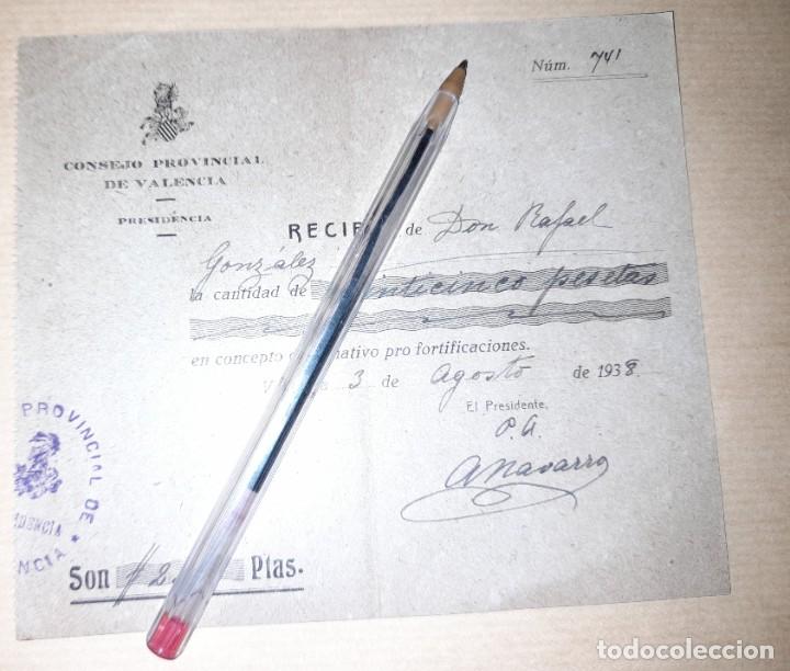 Militaria: Recibo Consejo provincial de Valencia por donativo pro fortificaciones agosto 1938