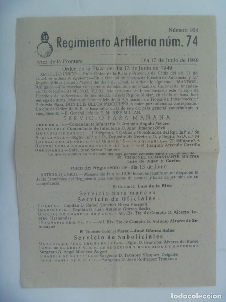 Militaria: REGIMIENTO ARTILLERIA N&ordm; 74: ORDEN DEL DIA 13 DE JUNIO DE 1949. JEREZ DE LA FRONTERA