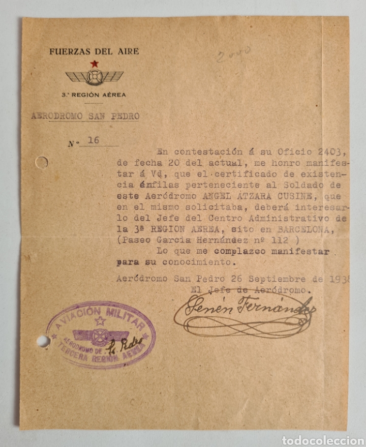 Military Antiques: Hoja Fuerzas Aire III Regi&oacute;n A&eacute;rea Aer&oacute;dromo San Pedro 1938 Ej&eacute;rcito Popular Rep&uacute;blica Guerra Civil