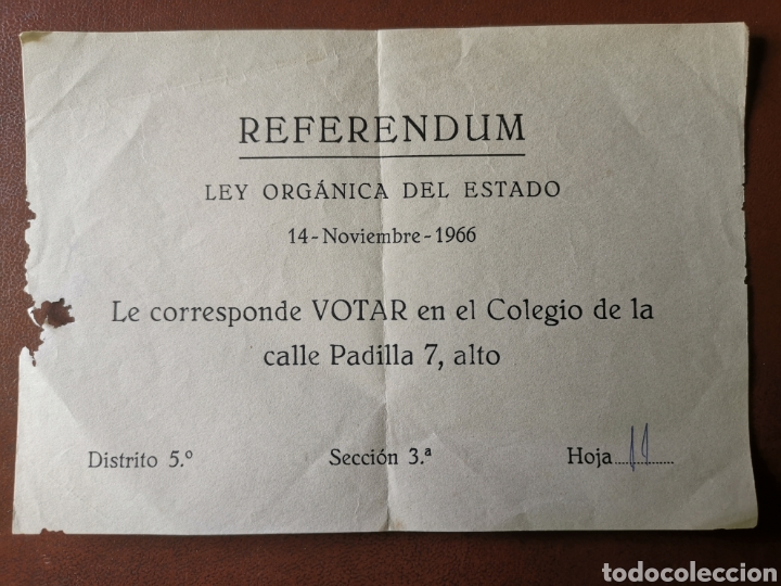 Militaria: Referendum Ley Org&aacute;nica del Estado - Votaci&oacute;n &eacute;poca Francisco Franco 14 de Noviembre de 1966