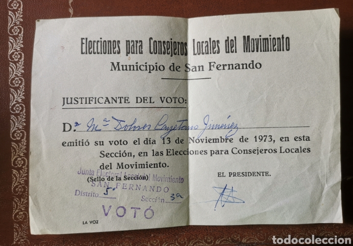 Militaria: Justificante del Voto Elecciones para Consejeros Locales del Movimiento San Fernando (Cadiz) 1973