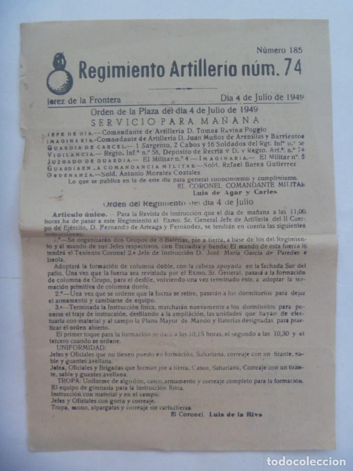 Militaria: REGIMIENTO ARTILLERIA N&ordm; 74: ORDEN DEL DIA 4 DE JULIO DE 1949. JEREZ DE LA FRONTERA