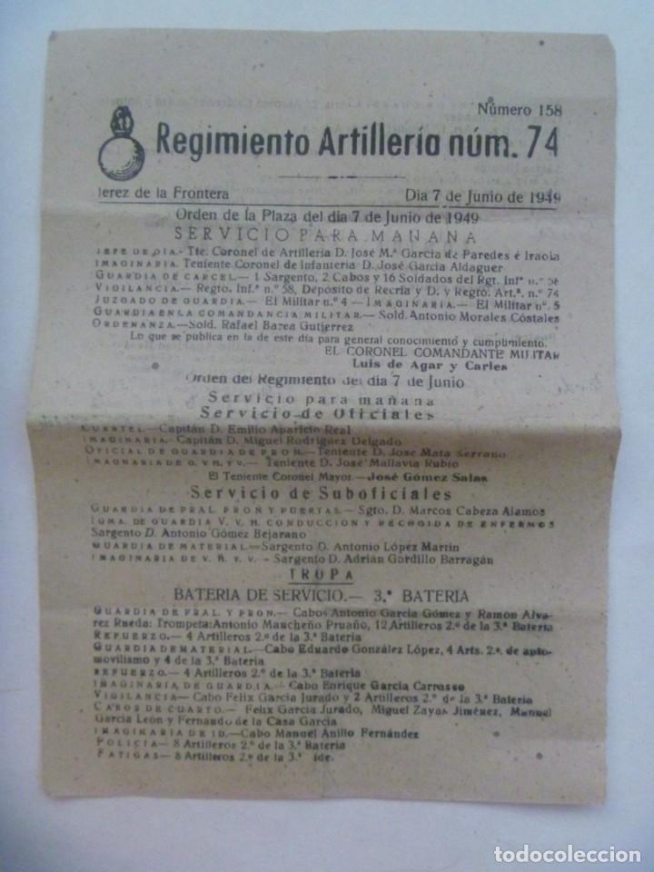 Militaria: REGIMIENTO ARTILLERIA N&ordm; 74: ORDEN DEL DIA 7 DE JUNIO DE 1949. JEREZ DE LA FRONTERA