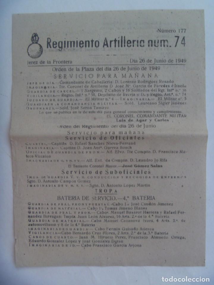 Militaria: REGIMIENTO ARTILLERIA N&ordm; 74: ORDEN DEL DIA 26 DE JUNIO DE 1949. JEREZ DE LA FRONTERA