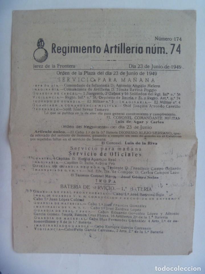 Militaria: REGIMIENTO ARTILLERIA N&ordm; 74: ORDEN DEL DIA 23 DE JUNIO DE 1949. JEREZ DE LA FRONTERA