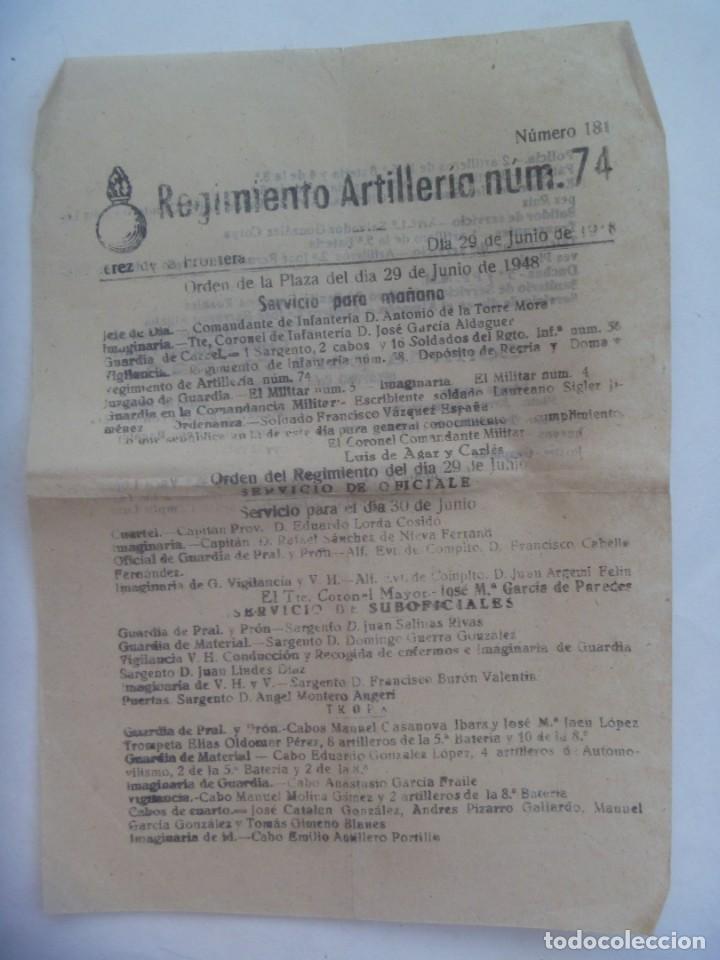 Militaria: REGIMIENTO ARTILLERIA N&ordm; 74: ORDEN DEL DIA 29 DE JUNIO DE 1948. JEREZ DE LA FRONTERA