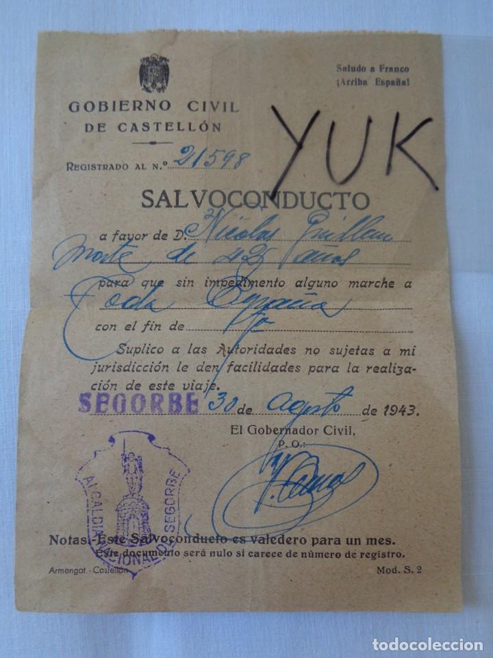 Militaria: SALVOCONDUCTO PARA CIRCULAR POR ESPA&Ntilde;A 1943 GOBIERNO CIVIL CASTELLON - CU&Ntilde;O ALCALDIA SEGORBE