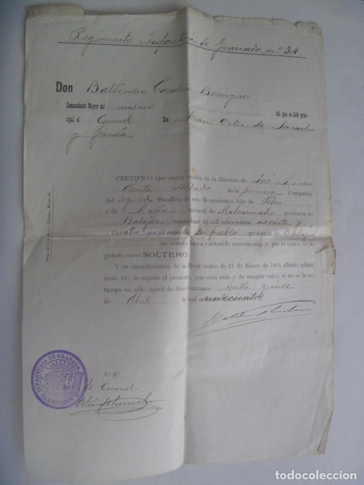 Military Antiques: REGIMIENTO INFANTERIA GRANADA N&ordm; 34: CERIFICADO SOLTERIA DE SOLDADO DE MALCOCINADO ( BADAJOZ). 1900
