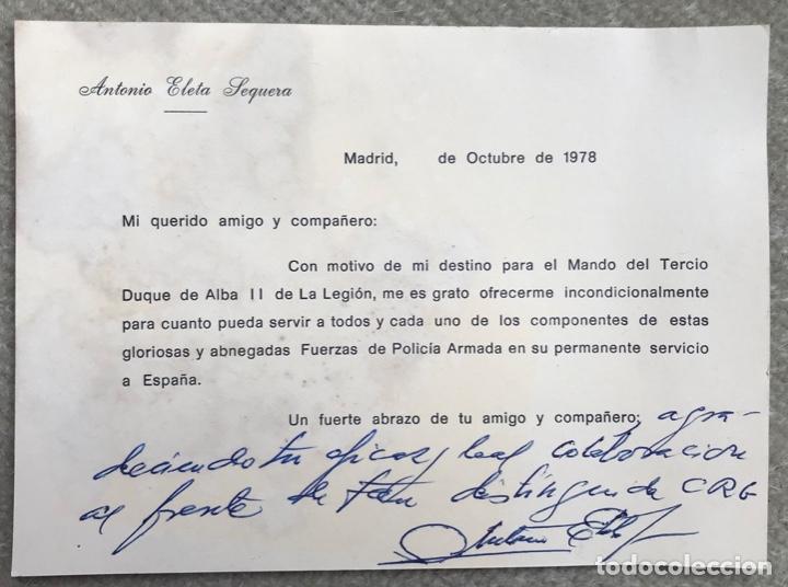 Militaria: Tarjeta del Coronel Antonio Eleta Sequera, Mando del Tercio Duque de Alba II de la Legi&oacute;n - Firmada