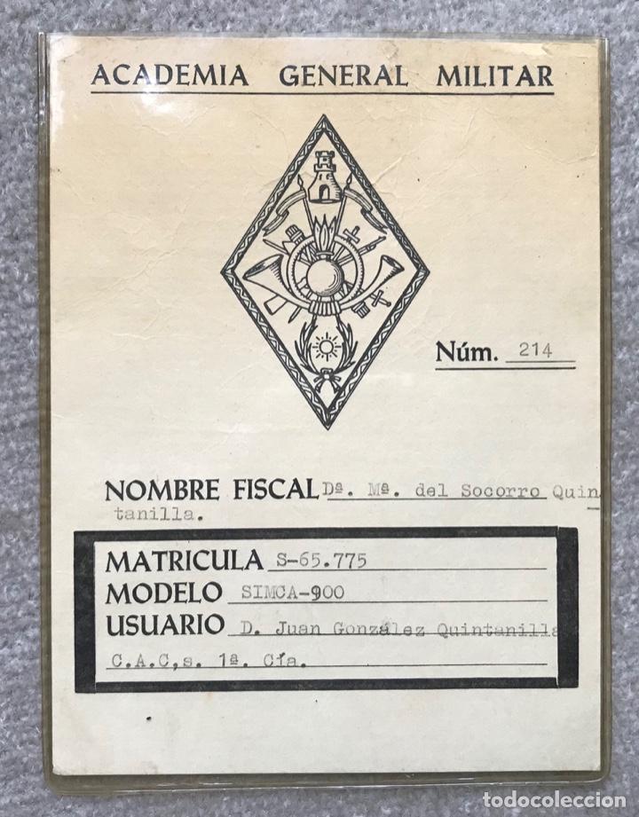 Militaria: Tarjeta Pase de autom&oacute;vil Academia General Militar - Modelo Simca 900 - Matr&iacute;cula Santander 65.775