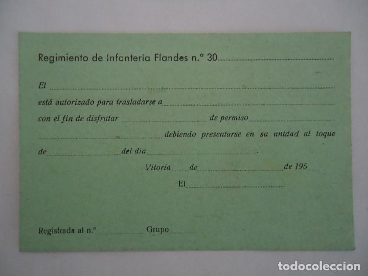 Militaria: TARJETA DE DESPLAZAMIENTO DEL REGIMIENTO DE INFANTERIA FLANDES N&ordm; 30. A&Ntilde;OS 50