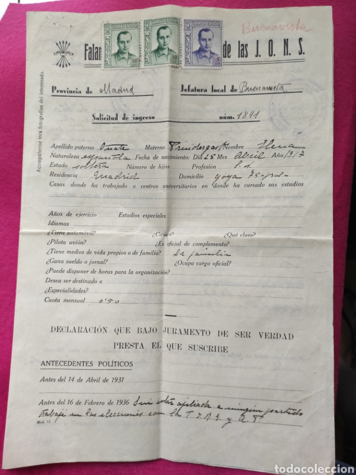 Militaria: FALANGE ESPA&Ntilde;OLA TRADICIONALISTA Y DE LAS J. O. N. S. - SOLICITUD DE INGRESO. 1939.