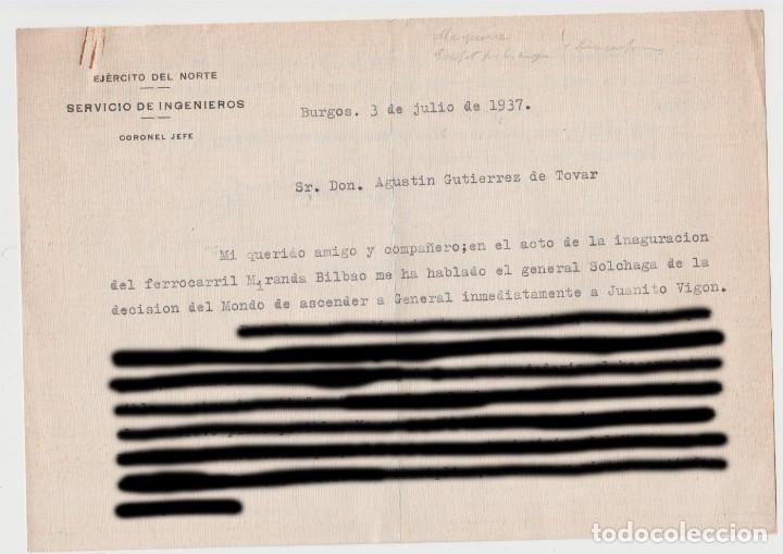 Militaria: DOCUMENTO CARTA DEL EJERCITO 1937. SERVICIO DE INGENIEROS. - Foto 1