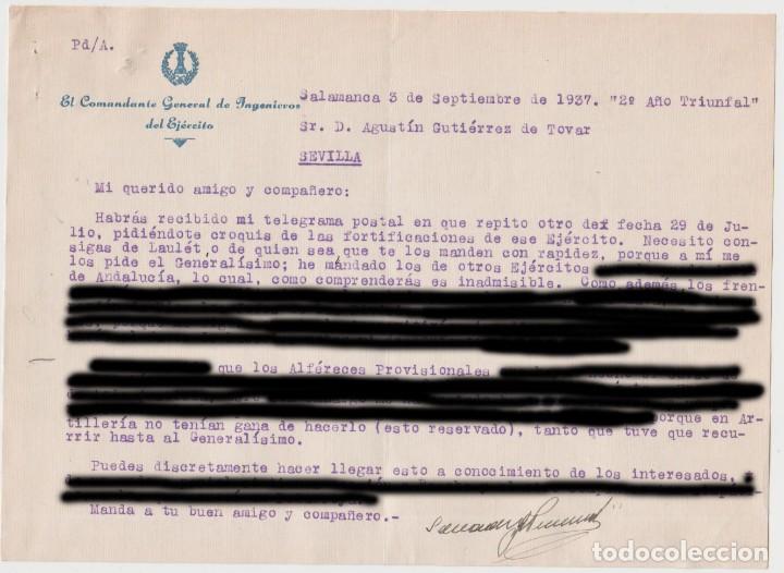 Militaria: DOCUMENTO CARTA DEL EJERCITO 1937. SERVICIO DE INGENIEROS. - Foto 1