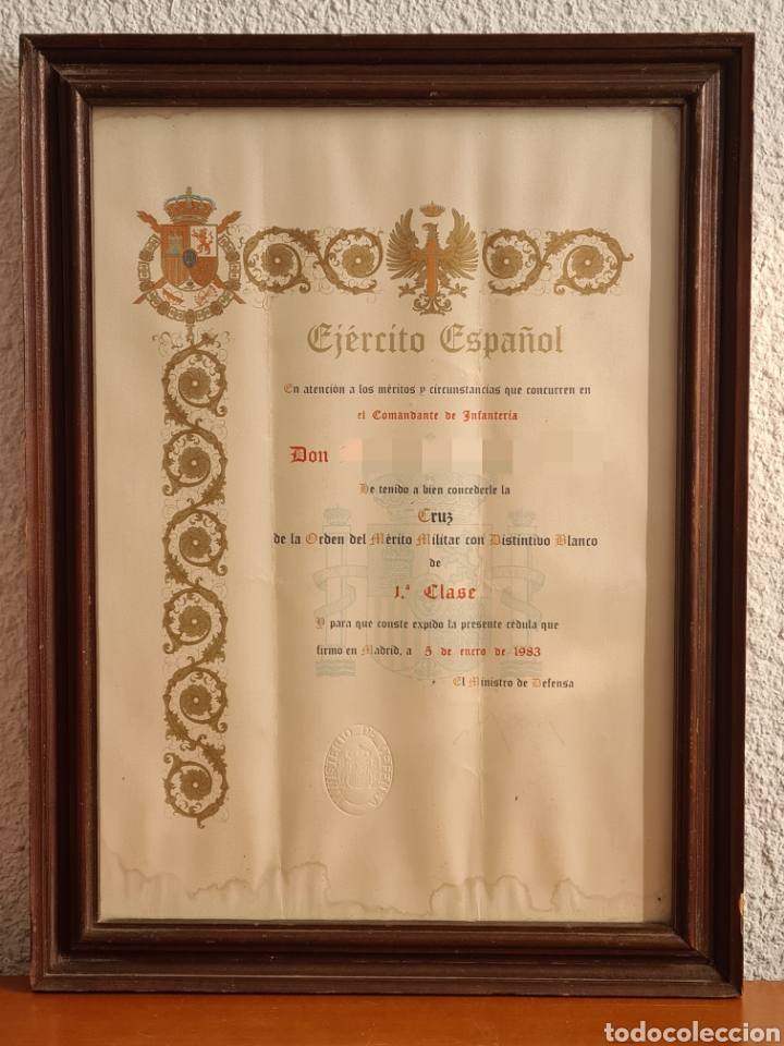 Militaria: Diploma Ej&eacute;rcito Espa&ntilde;ol Cruz Orden M&eacute;rito Militar Distintivo Blanco 1 Clase Comandante Infanter&iacute;a