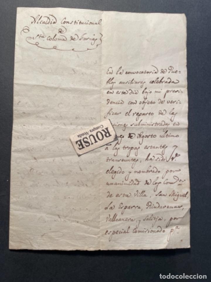 Militaria: STA. COLOMA DE FARNES - CARTA MANUSCRITA 1837 ALCALDIA CONSTITUCIONAL DE STA. COLOMA - SUMINISTRO DE