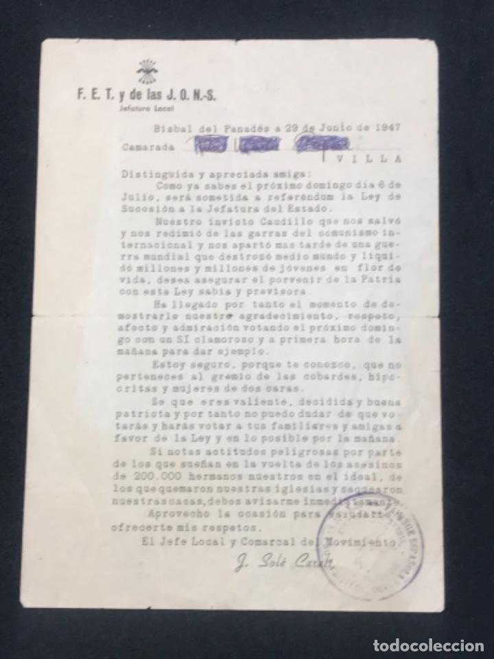 Militaria: CARTA DEL JEFE LOCAL Y COMARCAL DE MOVIMENTO SOL&Eacute; CARALT 1947 FALANGE. BISBAL DEL PENEDES.