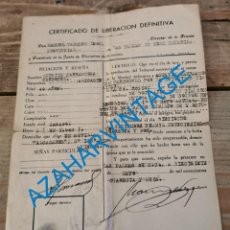 Militaria: LAS PALMAS DE GRAN CANARIA, 1943, CERTIFICADO LIBERACION DEFINITIVA, PRESO CONDENADO POR REBELION