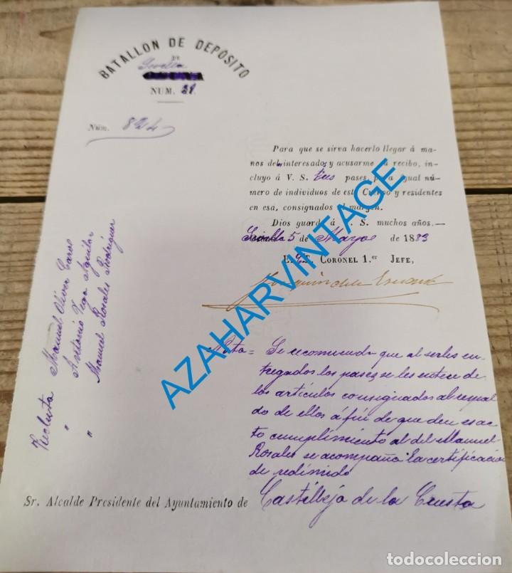 Militaria: SEVILLA, 1883, CARTA SOBRE ENTREGA DE PASES, MEMBRETE BATALLON DEPOSITO DE SEVILLA N&ordm;31