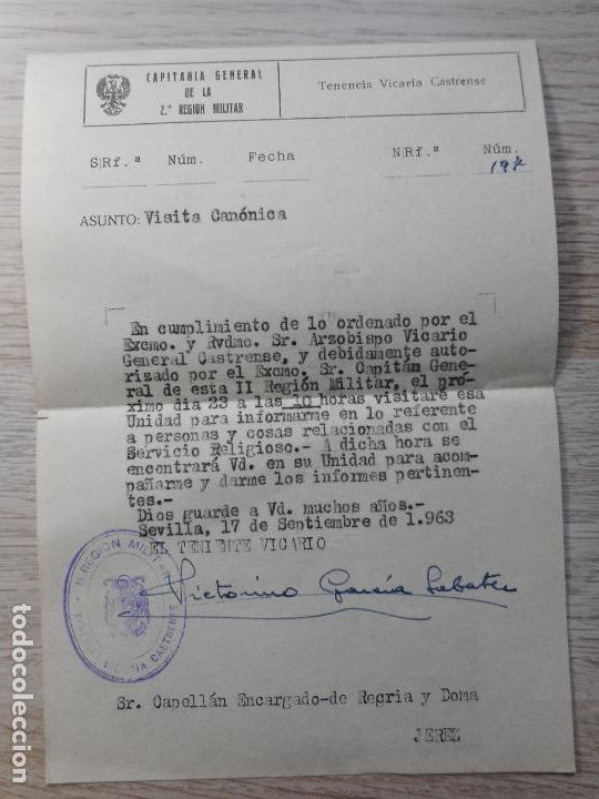Militaria: CAPITANIA.2&ordf; REGION MILITAR.VISITA RELIGIOSA.TENIENTE VICARIO VICTORINO GARCIA SABATER.SEVILLA 1963.