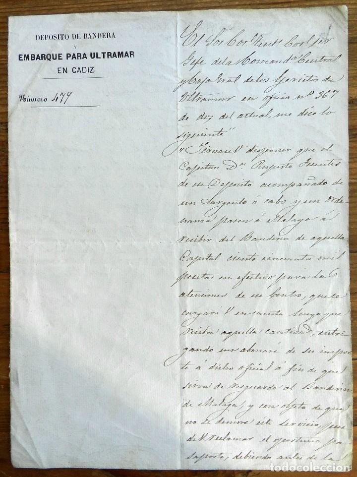 Military Antiques: CARTA DEL DEPOSITO DE BANDERA Y EMBARQUE PARA ULTRAMAR EN CADIZ, A&Ntilde;O 1870, FIRMADA POR EL COMANDANTE