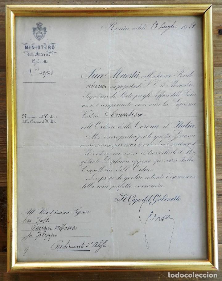 Military Antiques: CERTIFICADO DE CONCESION DEL MINISTERO DELL INTERNO GABINETTO, ROMA 13 DE JULIO DE 1912, ENMARCADO,