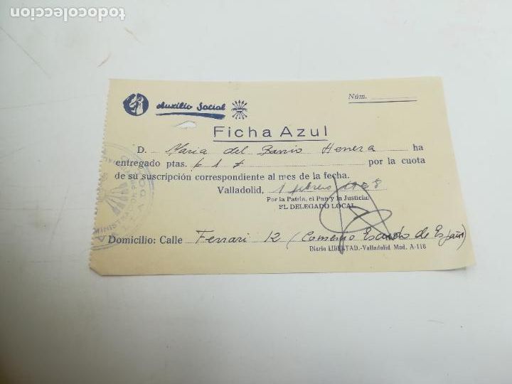 Militaria: AUXILIO SOCIAL. FICHA AZUL. PAGO DE CUOTA POR SUSCRIPCI&Oacute;N. 1958. VALLADOLID