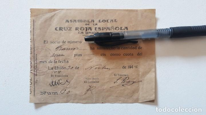 Militaria: RECIBO CUOTA. ASAMBLEA LOCAL DE LA CRUZ ROJA LA UNION (MURCIA). A&ntilde;o 1942. Nominal,