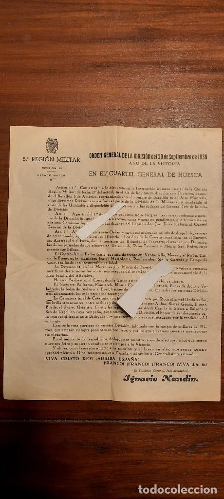 Militaria: Orden de disoluci&oacute;n divisi&oacute;n 61. 30-9- 1939 Cuartel General Huesca. Final Guerra Civil.